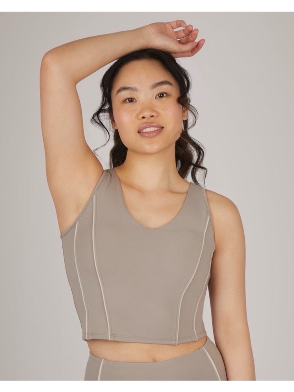 NEW Yogalicious Lux Race Me Tank Taupe Seamless Crop Sports Bra Sz L